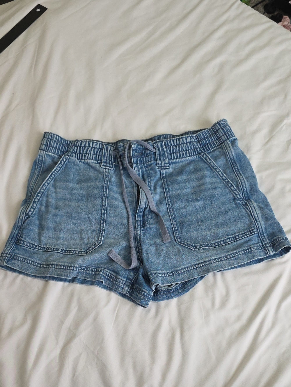 American Eagle Outfitters Light Blue Denim High-Waist Drawstring Shorts
